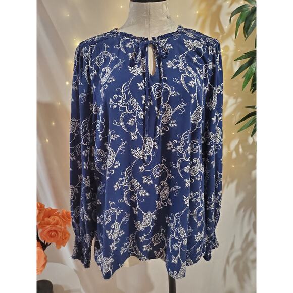 Talbots Smocked Paisley Keyhole Tie Neck Blouse Top Womens Size L Blue Boho - Picture 1 of 10